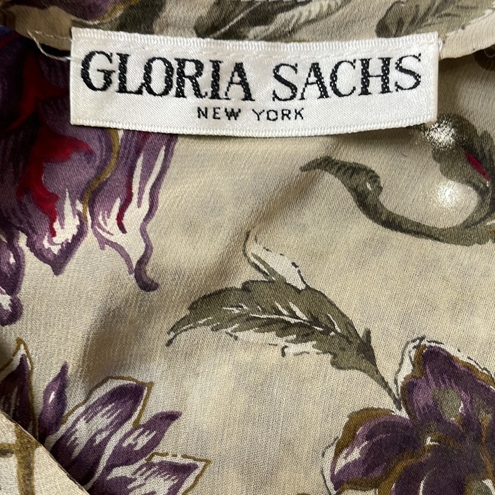 GLORIA SACHS Vintage Silky Sheer Floral Blouse with Scarf - Picture 7 of 10